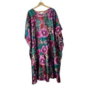 Vintage California Dynasty Purple & Teal Floral Satin Midi Kaftan L